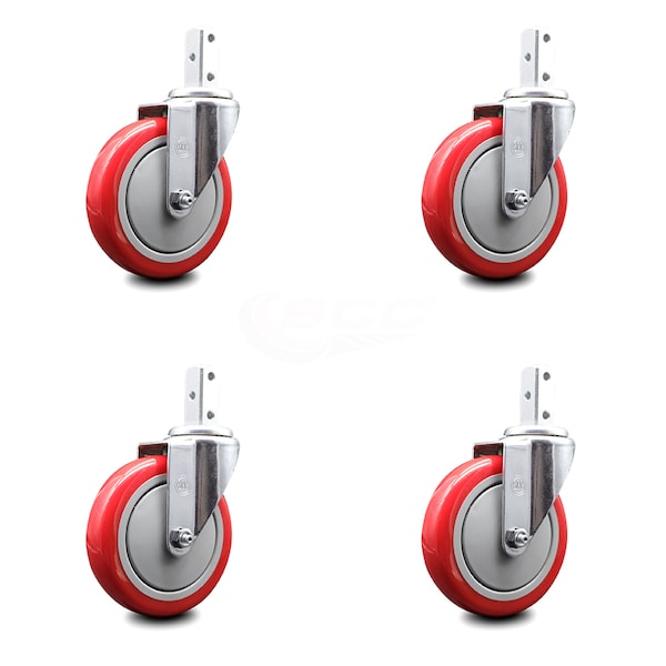 5 Inch Red Polyurethane Wheel Swivel 3/4 Inch Square Stem Caster Set SCC